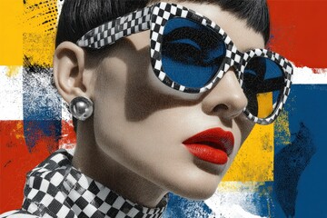Model poses in checkered outfit with bold sunglasses against colorful background in a fashion setting