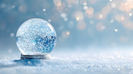 Glass sphere filled with swirling artificial snow rests upon a blanket of pristine white winter surface