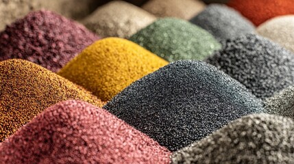 Close-up rows of small, colorful mounds, possibly minerals or pigments, arranged with varying textures. Focus on texture, color, and depth