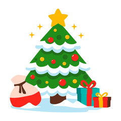 Vector christmas tree with star and surprise gifts