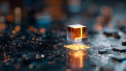 Glowing digital cube levitates above a futuristic electronic circuit board surface