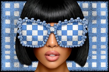 Fashion display featuring a model wearing large checked glasses and a bold hairstyle in a colorful setting