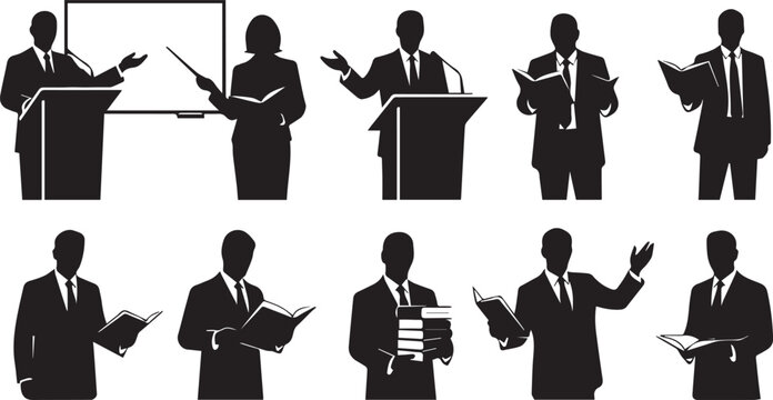 Professional business people silhouettes presenting and speaking at podium with whiteboard