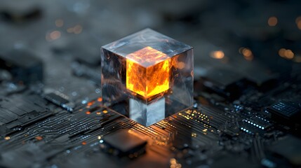 Glowing central processor element rests within complex digital circuitry