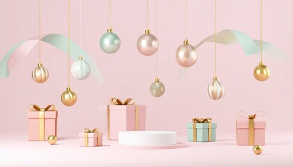 3D model of a Christmas podium display for a product banner featuring present boxes, hanging holiday decorations, and pastel ribbons
