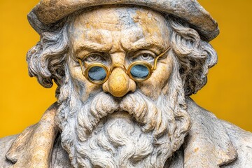 Sculpture of a man with glasses and a large nose, detail of facial features against a bright backdrop