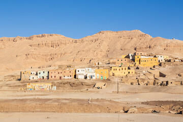 Luxor, Egypt - 11 February 2022: Old Egyptian village near the Valley of the Kings and the Valley of the Queens