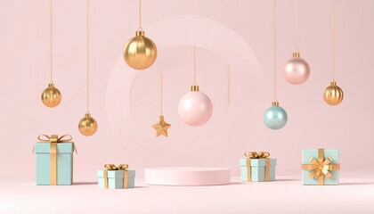 3D model of a Christmas podium display for a product banner featuring present boxes, hanging holiday decorations, and pastel ribbons