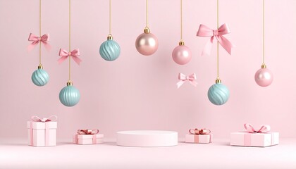 3D model of a Christmas podium display for a product banner featuring present boxes, hanging holiday decorations, and pastel ribbons