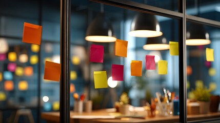 Numerous colorful sticky notes adhere to a glass office partition in a modern workspace