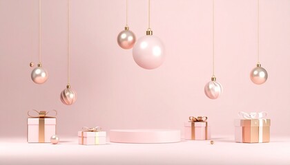 3D model of a Christmas podium display for a product banner featuring present boxes, hanging holiday decorations, and pastel ribbons