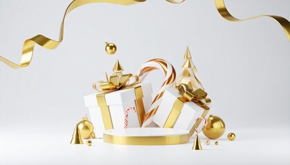 A podium, gold and white gifts with candy canes, and festive d&eacute;cor make up this 3D render of a Merry Christmas and Happy New Year backdrop.