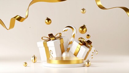 A podium, gold and white gifts with candy canes, and festive d&eacute;cor make up this 3D render of a Merry Christmas and Happy New Year backdrop.