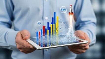 Businessman analyzing SEO data on tablet with rising graph