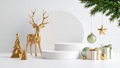 3D render of a simple product display podium with ornament balls, present boxes, falling Christmas decorations, and other opulent golden objects for the New Year against a pastel backdrop.