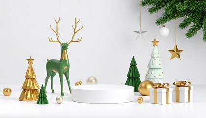 3D render of a simple product display podium with ornament balls, present boxes, falling Christmas decorations, and other opulent golden objects for the New Year against a pastel backdrop.
