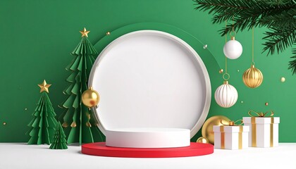 3D render of a simple product display podium with ornament balls, present boxes, falling Christmas decorations, and other opulent golden objects for the New Year against a pastel backdrop.