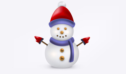 Christmas 3d Snowman isolated vector background. Holiday xmas card. Realistic cartoon cute snowman in red cap and gloves.