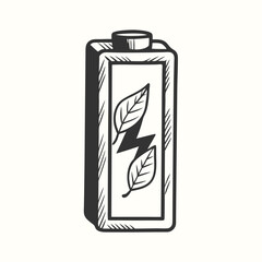 Sketch style battery with leaves and electricity, concept of sustainable power, flat