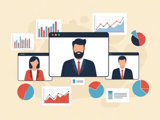 Business professionals engaged in virtual meeting with data analysis