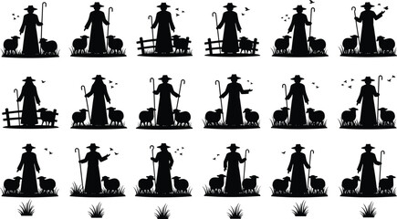 Shepherd silhouettes collection with sheep and crook staff in rural farmland scenes, symbolizing pastoral life, agriculture, tradition and countryside lifestyle © Biplob Creatives