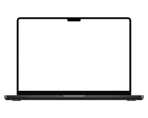 Space black laptop or ultrabook template for mockup. No background. Empty screen. Only frames. png. Front view. Opened laptop lid