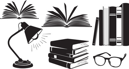 Collection of vintage books and lamp for reading cozy ambiance and study