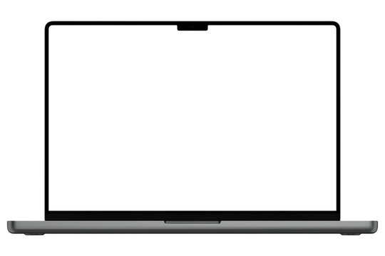 Gray laptop or ultrabook template for mockup. No background. Empty screen. Only frames. png. Front view. Opened laptop lid