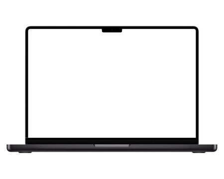 Space black laptop or ultrabook template for mockup. No background. Empty screen. Only frames. png. Front view. Opened laptop lid