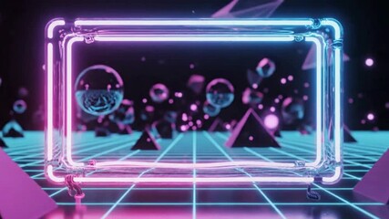 Neon lit rectangle frame with vibrant pink and blue hues in futuristic virtual reality environment