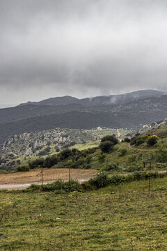 View of a landscape with vibrant green fields meeting rugged hills under a moody sky, creating a contrast of textures and colors, Parco dei Sette Fratelli, Sardinia, Italy.
