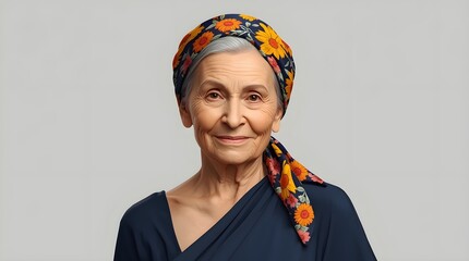 Portrait of Smiling Senior Woman with Floral Headscarf on Gray Background - Elegant Elderly Female Beauty