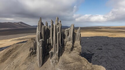 Dramatic volcanic rock structures rising from the landscape