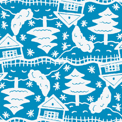 Monochrome seamless pattern with a winter village. Vector illustration.