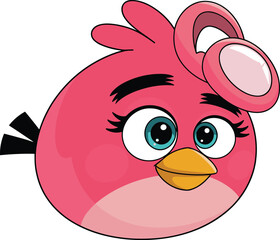 Angry red cartoon bird character with yellow bow and thick black eyebrows, playful animal vector illustration isolated on white background for games