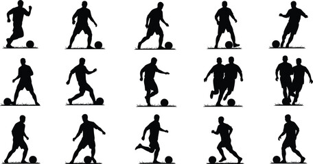 Soccer player silhouette collection showing football dribbling, running, passing, and teamwork actions, dynamic sports motion poses for training and match concepts