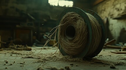 Obraz premium A large spool of coarse twine thread unraveling and loosening on a dusty workshop floor