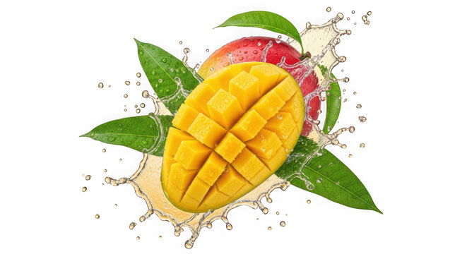 Freshly cut mango with leaves and juice splash