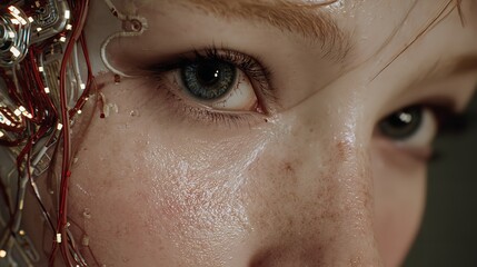 A macro close-up of a young woman's face highlighting her blue iris and skin beauty as her eyes look forward with detailed eyelashes and eyebrows
