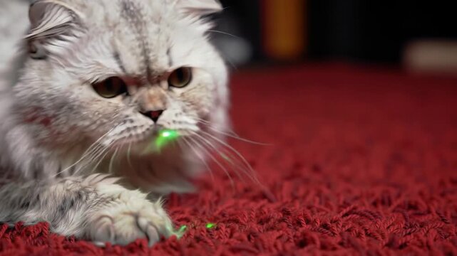 Cute silver tabby cat playing with green laser pointer on red rug indoors.