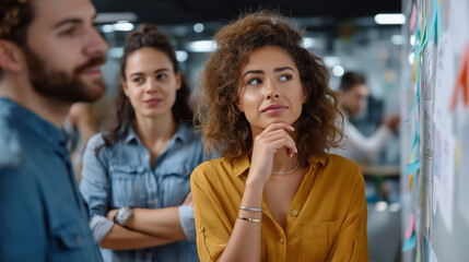 Faceless business team discusses project ideas in modern office space during daytime meeting, defocused collaborative planning, workplace consultation, corporate brainstorming sess