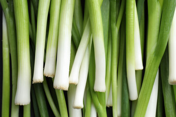 Fresh green onions as background, top view