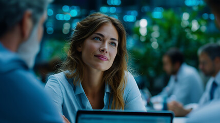 Faceless business team discusses project ideas in modern office space during daytime meeting, defocused collaborative planning, workplace consultation, corporate brainstorming sess