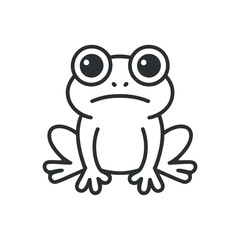 a simple black and white line drawing depicts a cute cartoon frog sitting with its legs bent and a slightly sad expression