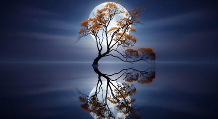 Enchanting moonlit tree reflection serene night landscape art