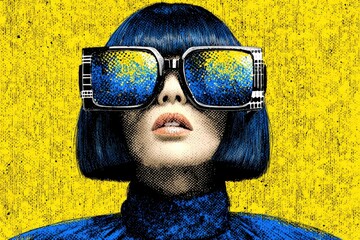 Fashion model wears large stylish glasses with vibrant colors in front of a bright yellow backdrop during a photoshoot