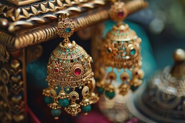 Obraz premium Beautiful Antique Golden pair of earrings, Luxury female jewelry, Indian traditional jewelry, Indian jewelry Bridal earrings wedding jewelry heavy party earrings