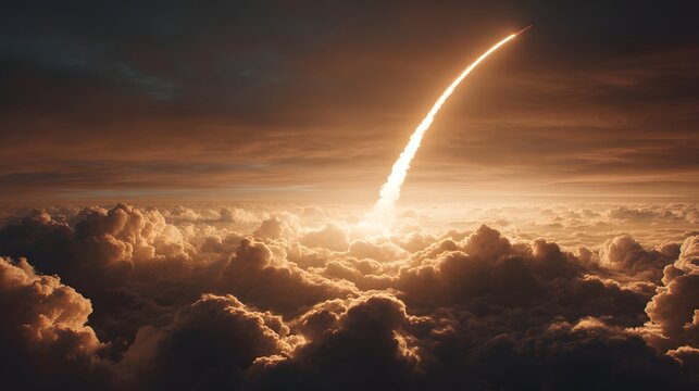 Powerful ignition thrust propels a spacecraft rapidly above dense cloud cover toward the bright horizon