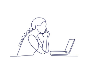 Single line of a young woman with braided hair looking at a laptop person female.