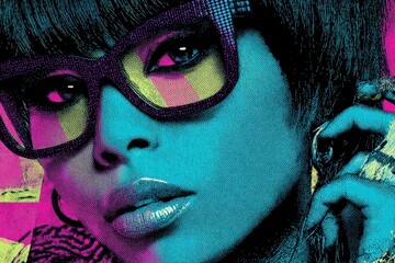 Modern art style portrait of a woman with colorful glasses and bold makeup captured in bright tones during a creative design session